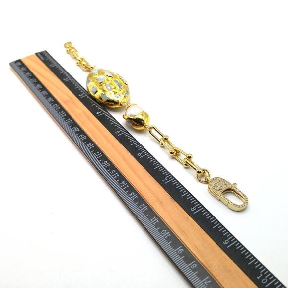 Gold Plated Larimar Gemstone Pearl Bracelet, 8 1/2 Inches, Rhinestone Clasp - Picture 10 of 10